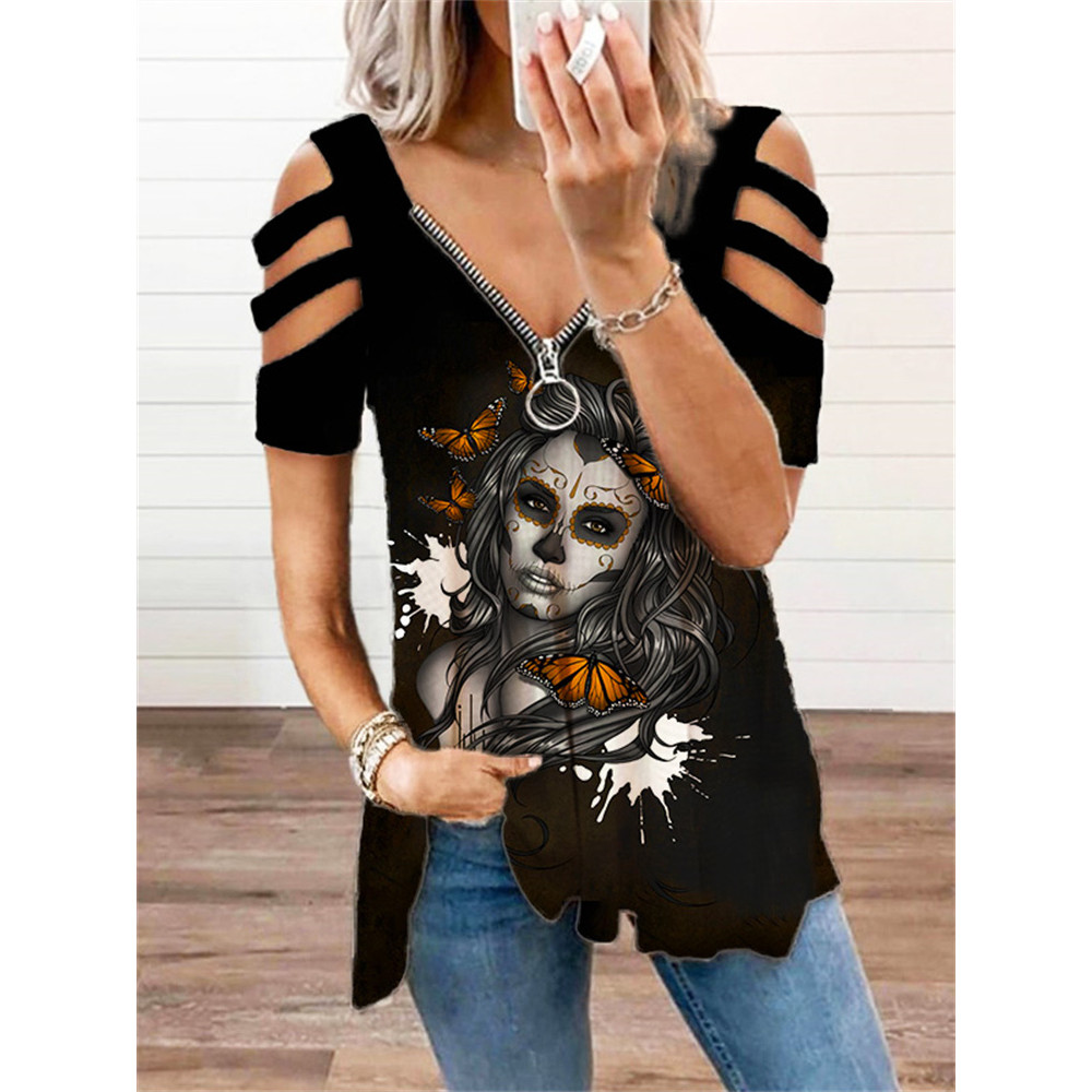 Sugar Skull Girl Butterfly Shoulder T Shirt