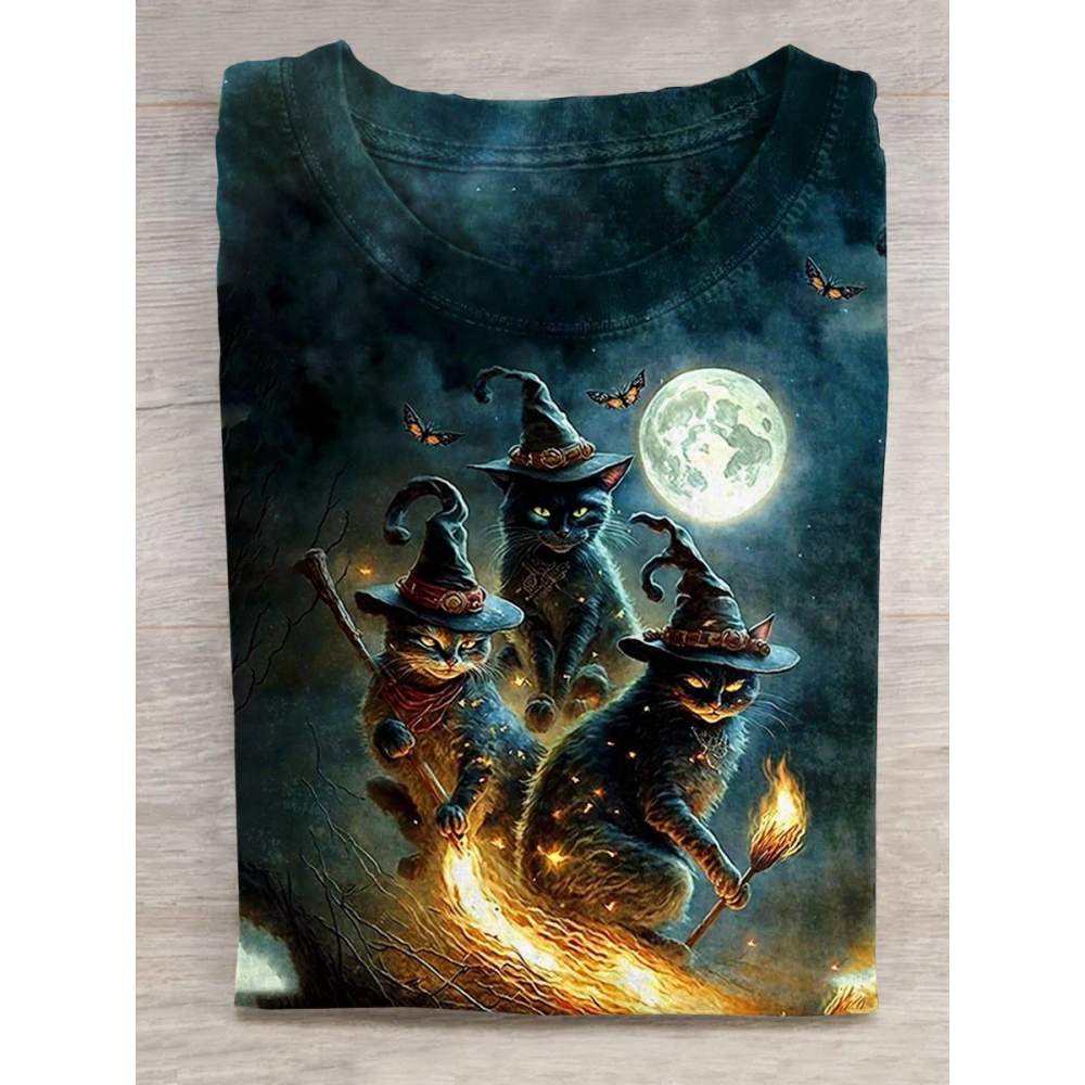 Unisex Halloween Cat Art Print Casual T-Shirt