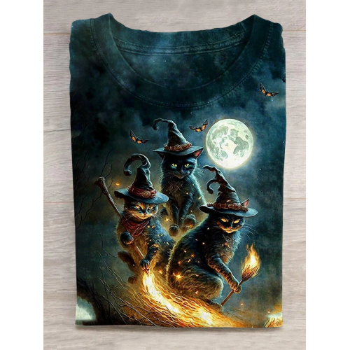 Unisex Halloween Cat Art Print Casual T-Shirt