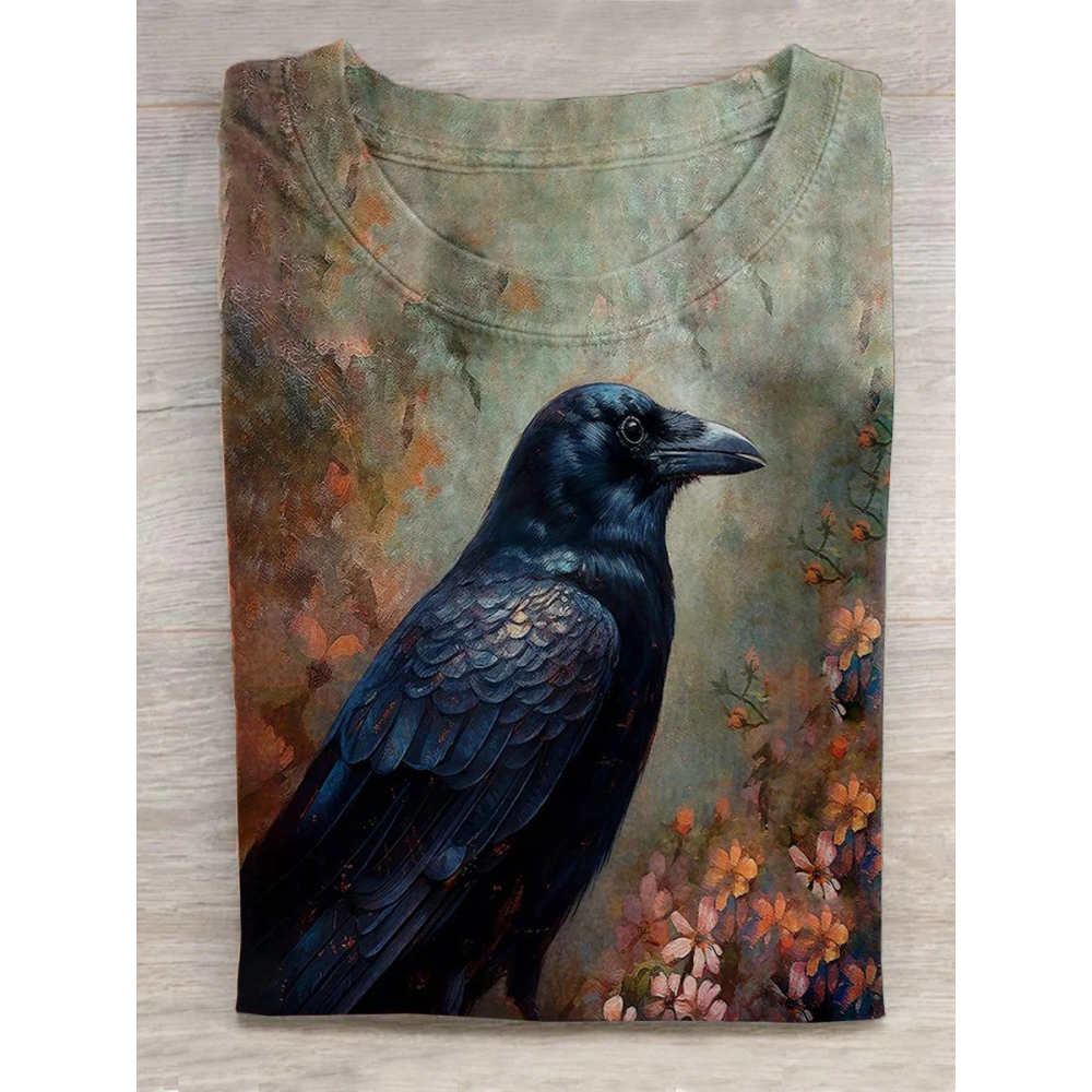 Unisex Halloween Raven Print Casual T-Shirt