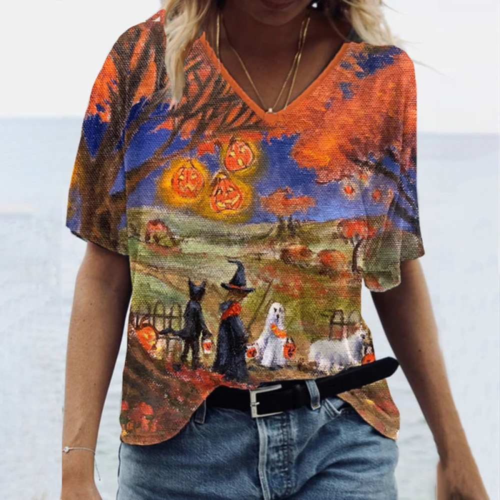 Vintage Halloween Print V-Neck T-Shirt