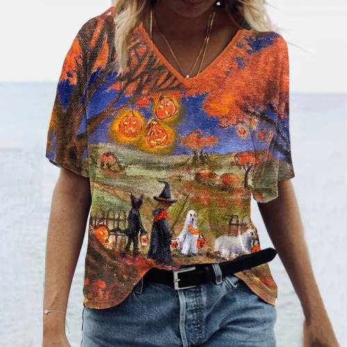Vintage Halloween Print V-Neck T-Shirt