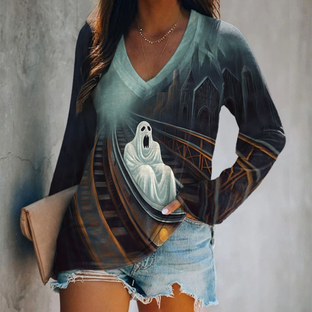 Vintage V-Neck Ghost Of Roller Coaster Print T-Shirt