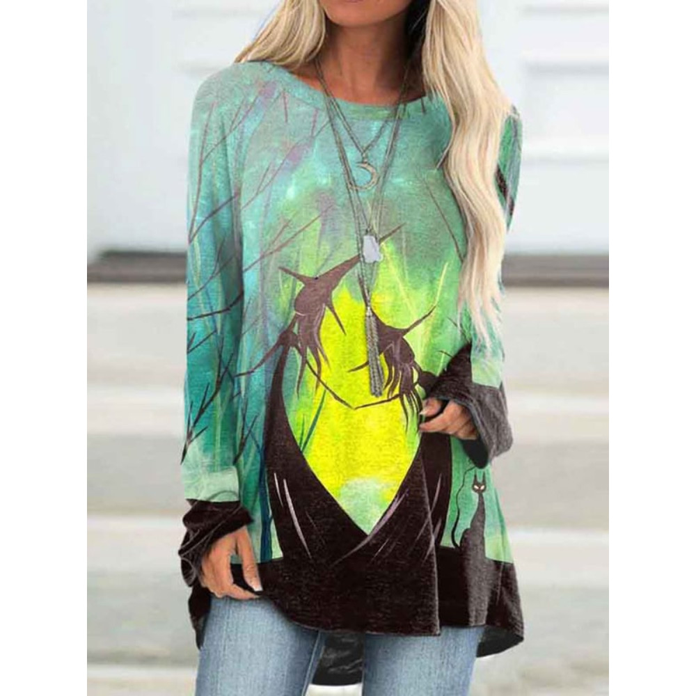 Weird Witch And Black Cat Print Long Sleeve Tunic