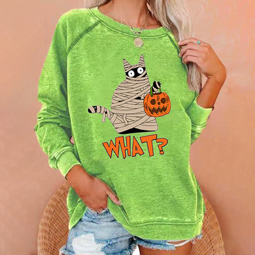 What Cat Print Crew Neck Casual Sweatshirt