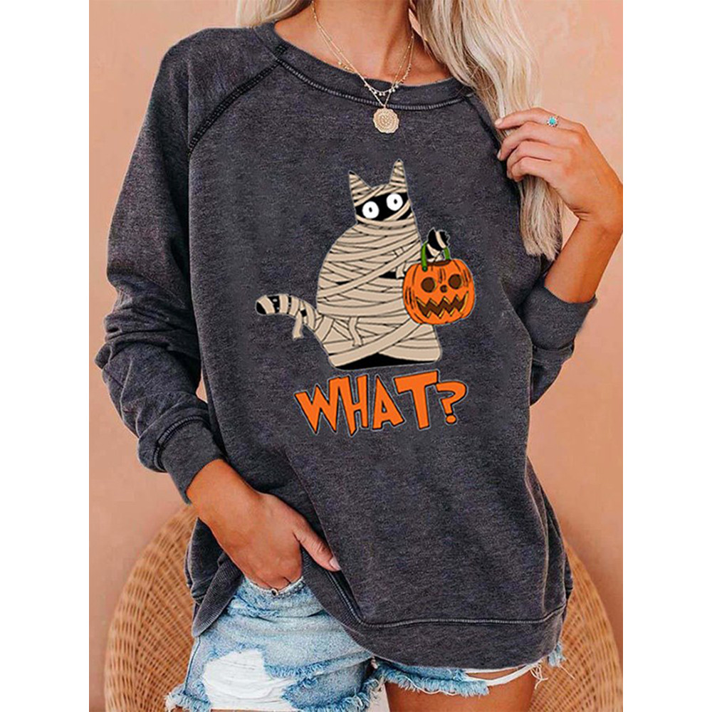 What Cat Print Crew Neck Casual Sweatshirt
