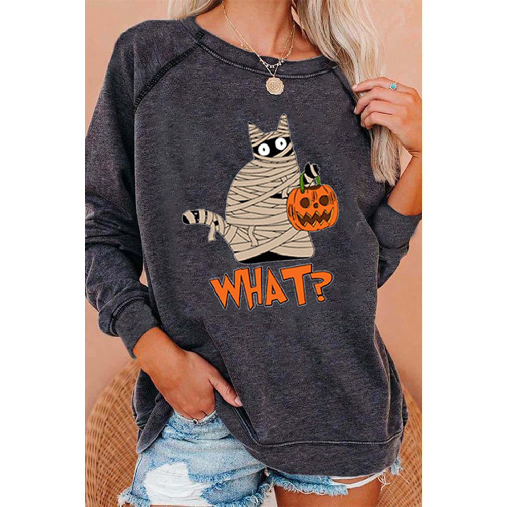 What Cat Print Crew Neck Casual Sweatshirt