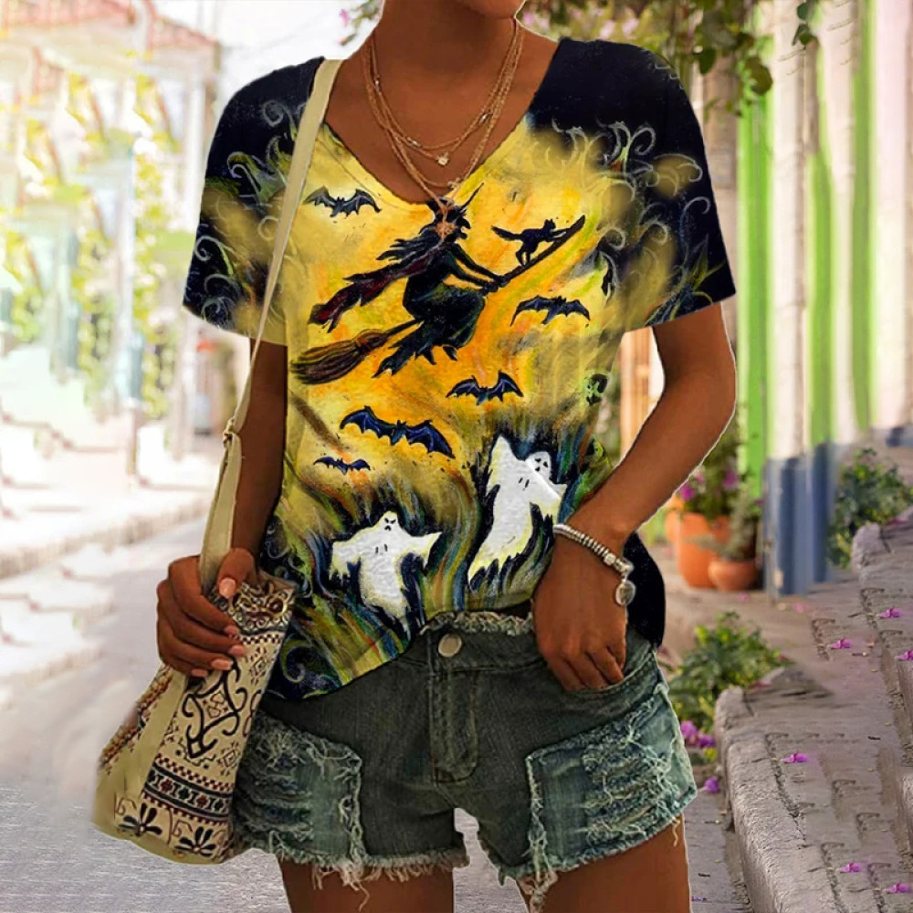 Witch And Ghost Print V Neck T-Shirt