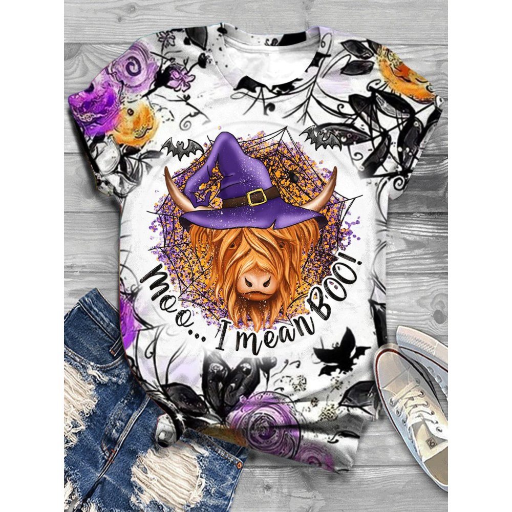 Women's Halloween Highland Cow Print Crewneck Top