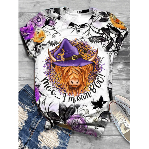 Women's Halloween Highland Cow Print Crewneck Top