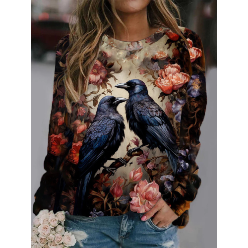 Women's Halloween Raven Print Casual Sweatshirt