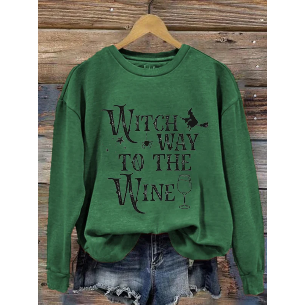 Women's Halloween Witch Way To The Wine Print Sweatshirt