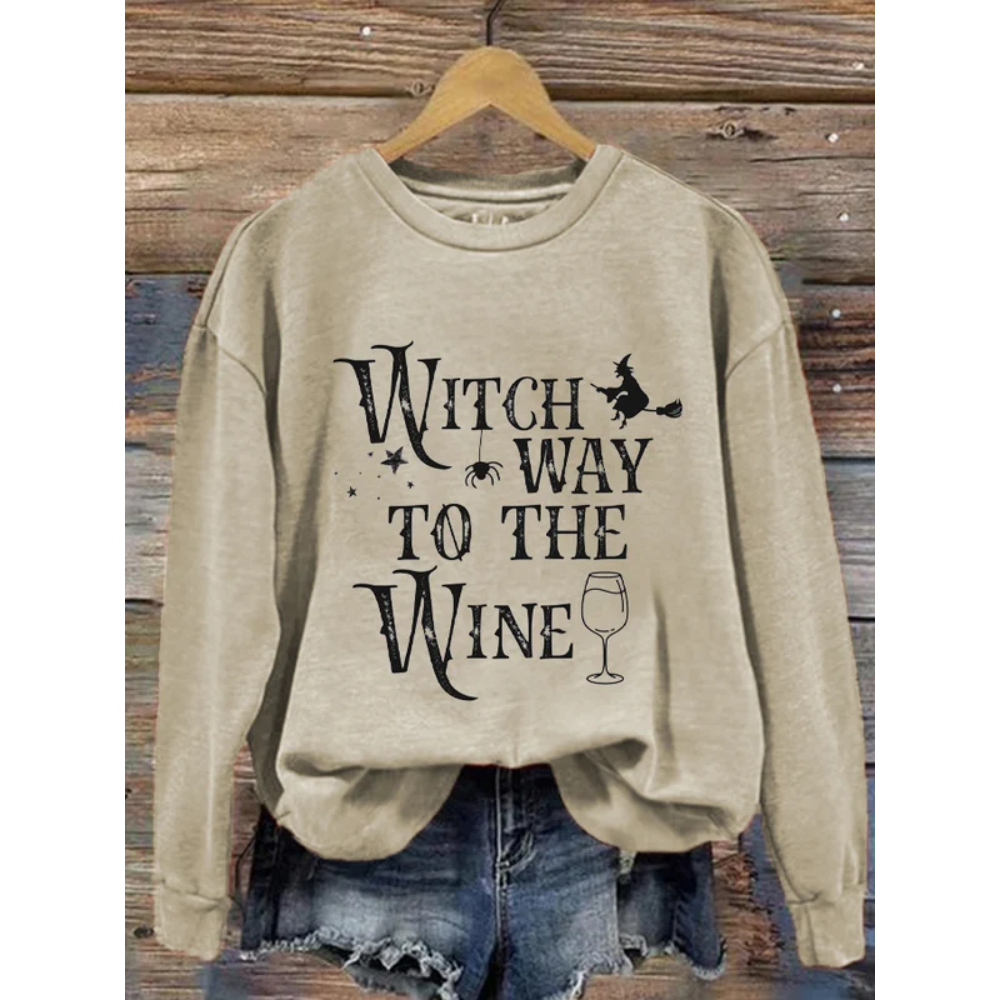 Women's Halloween Witch Way To The Wine Print Sweatshirt