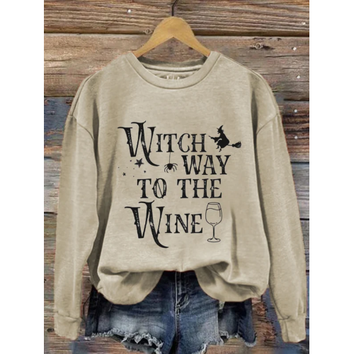 Women's Halloween Witch Way To The Wine Print Sweatshirt