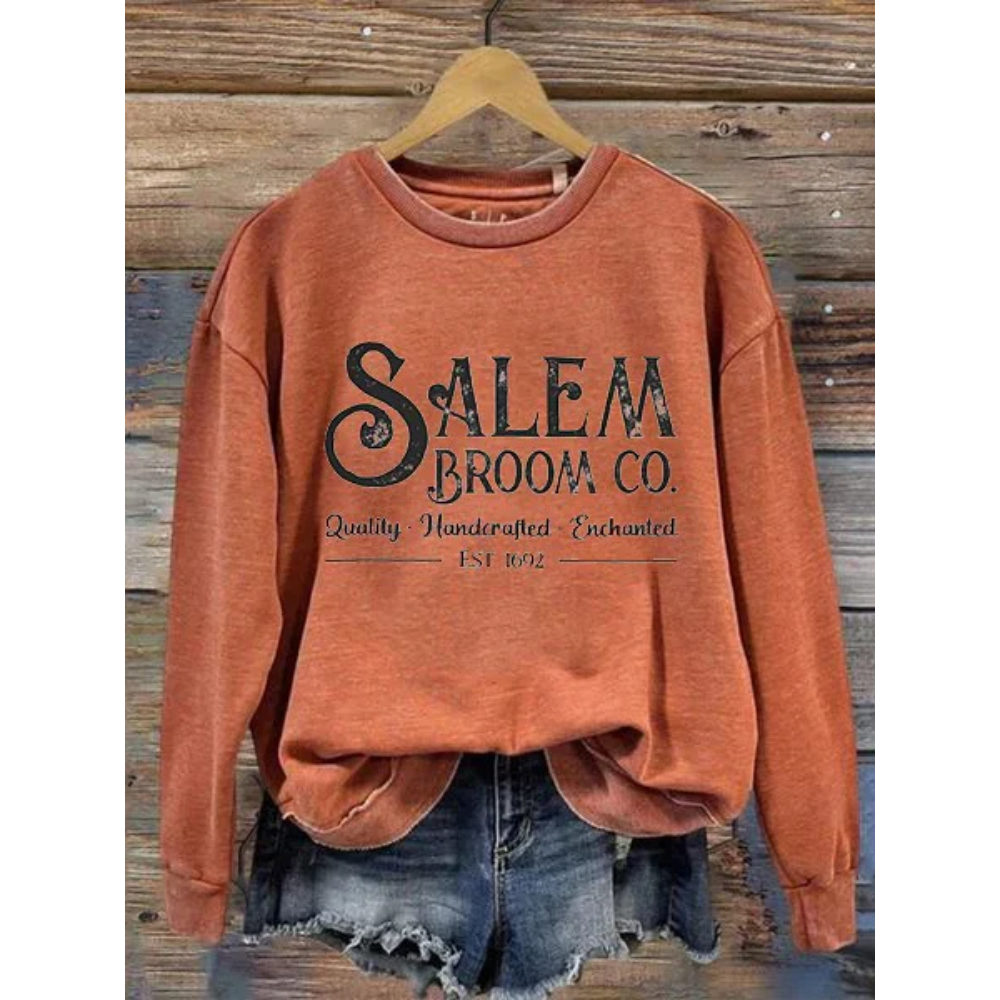 Women's Salem Broom Co Quality Handcrafted Enchanted Est 1692 Printed Round Neck Long Sleeve Sweatshirt