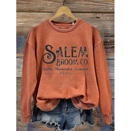Women's Salem Broom Co Quality Handcrafted Enchanted Est 1692 Printed Round Neck Long Sleeve Sweatshirt