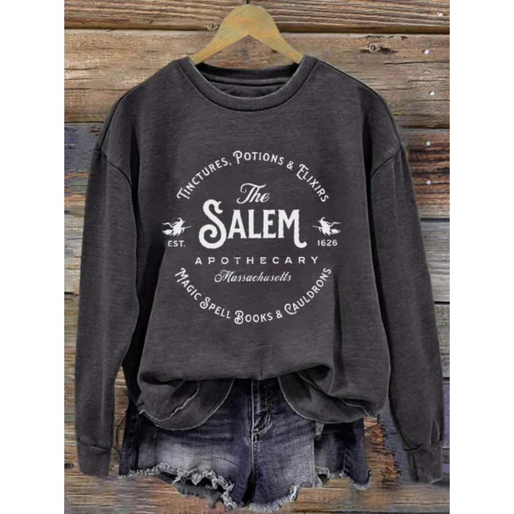 Women's Salem Massachusetts Happy Halloween Witch Printed Round Neck Long Sleeve Sweatshirt