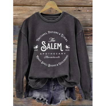 Women's Salem Massachusetts Happy Halloween Witch Printed Round Neck Long Sleeve Sweatshirt