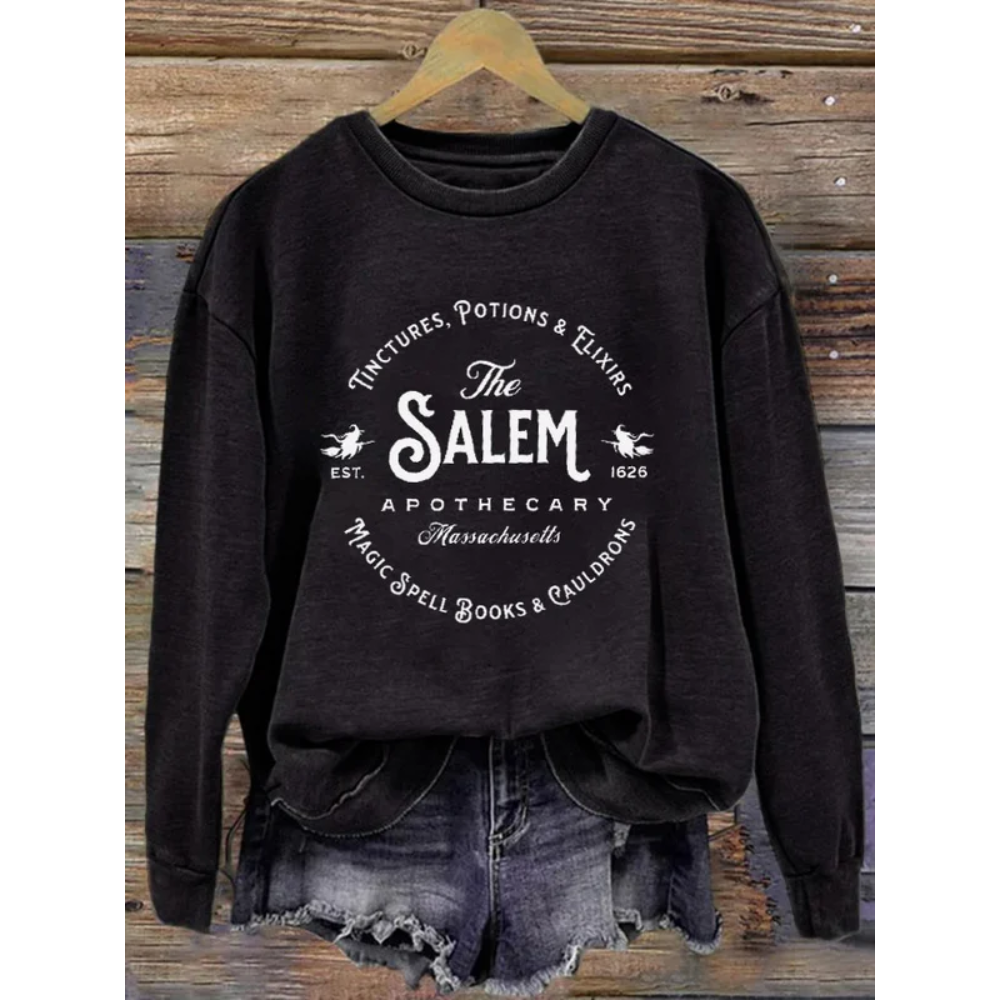 Women's Salem Massachusetts Happy Halloween Witch Printed Round Neck Long Sleeve Sweatshirt