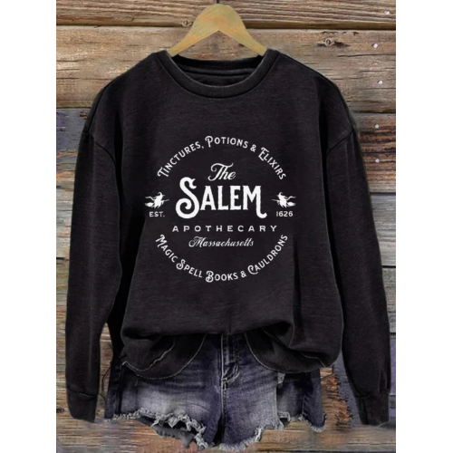 Women's Salem Massachusetts Happy Halloween Witch Printed Round Neck Long Sleeve Sweatshirt