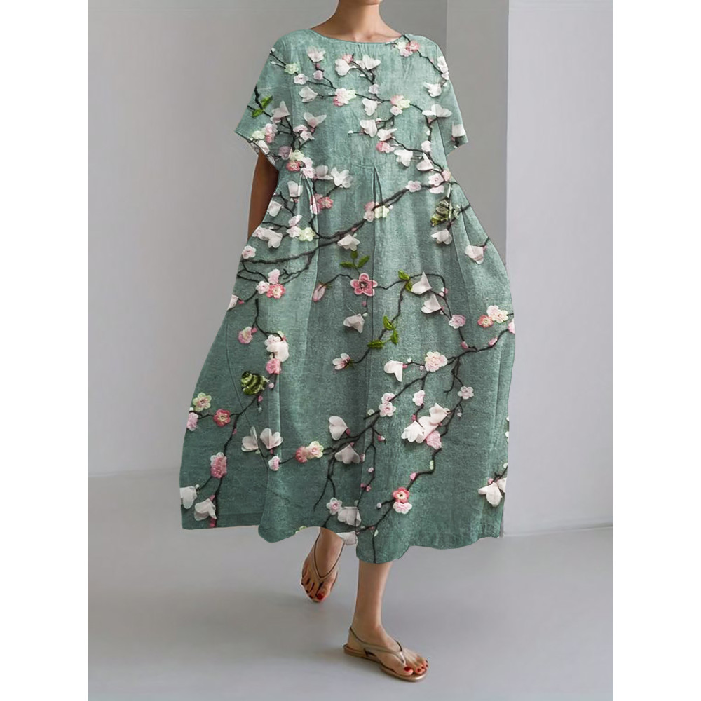 3D Floral Embroidered Lace Linen Blend Maxi Dress