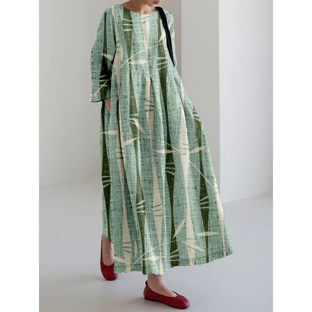 Abstract Bamboo Stripes Linen Blend Maxi Dress