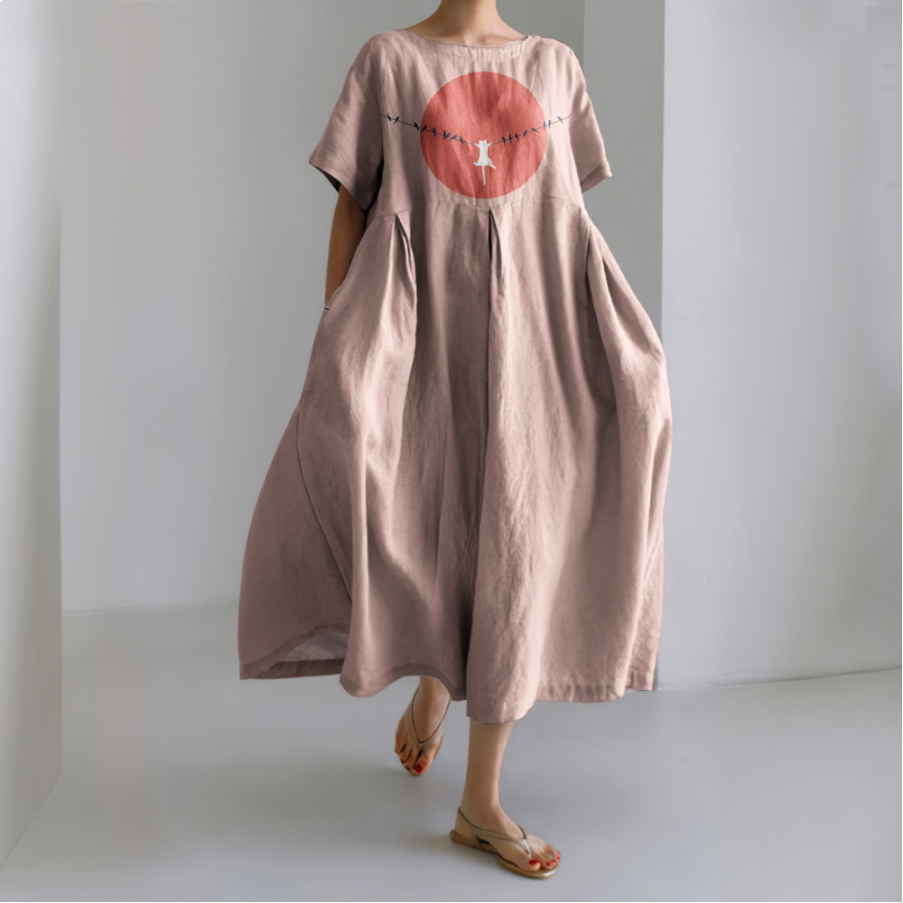 Abstract Creative Dangling Cute Cat Painting Art Cozy Linen Blend Dress