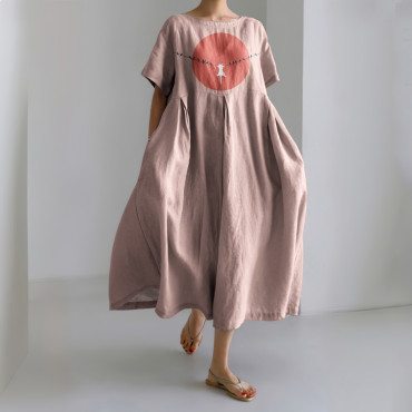 Abstract Creative Dangling Cute Cat Painting Art Cozy Linen Blend Dress