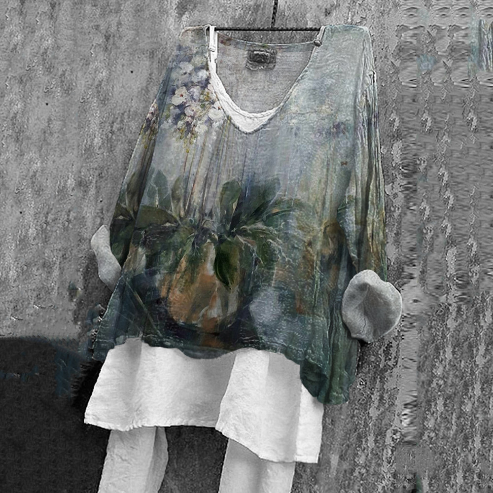 Abstract Floral Pattern V-Neck Top For Women