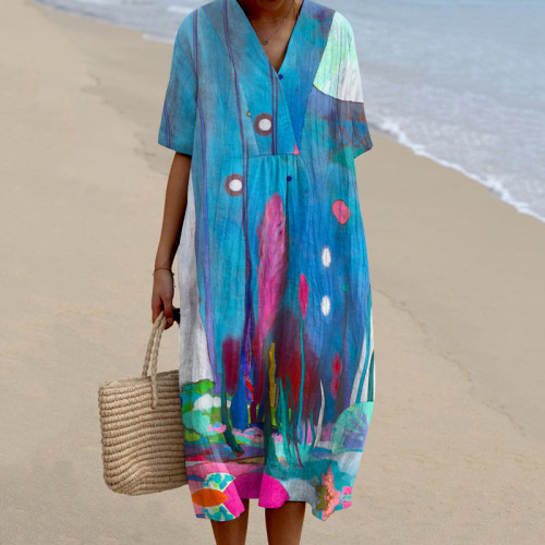 Abstract Floral V-Neck Dress