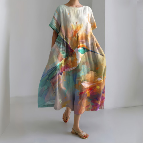 Abstract Hummingbird Pattern Crew Neck Dress