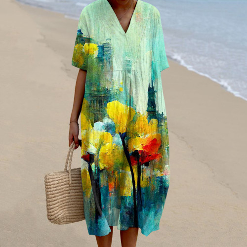 Abstract Oil Painting Floral Pattern Women'S Dress
