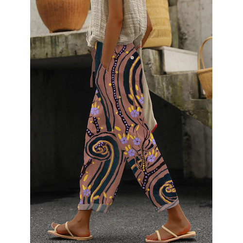 Aesthetic Flower Pattern Women's Linen Pants