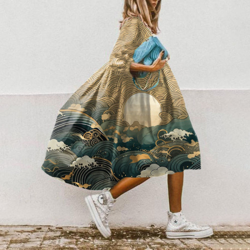 Ancient Japanese Style Wave Print Midi Dress