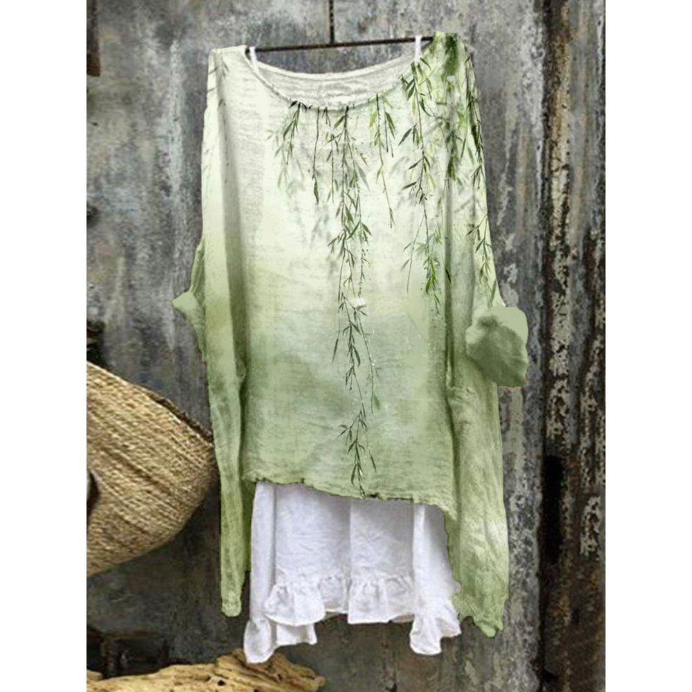 Bamboo Art Pattern Linen Blend Flowy Tunic