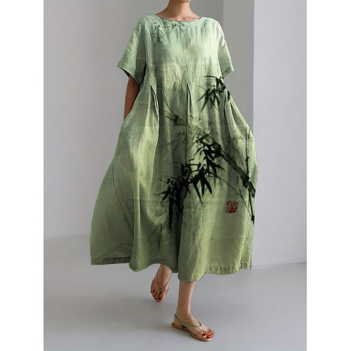 Bamboo Forest Full Moon Japanese Art Linen Blend Maxi Dress