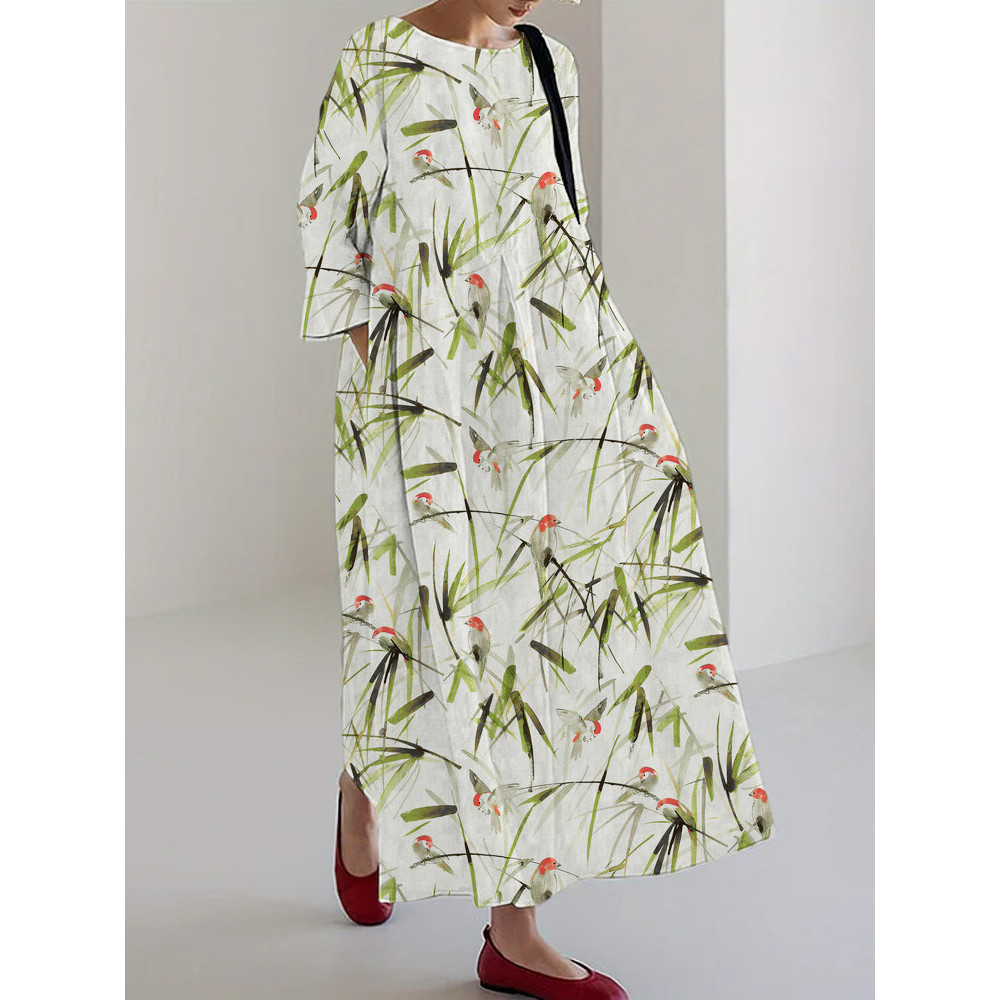 Bamboo Forest & Birds Print Linen Blend Maxi Dress