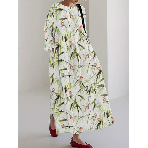 Bamboo Forest & Birds Print Linen Blend Maxi Dress