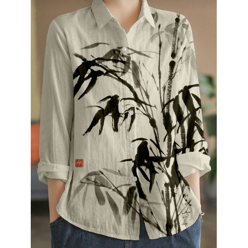 Bamboo Ink Painting Art Linen Blend Cozy Blouse