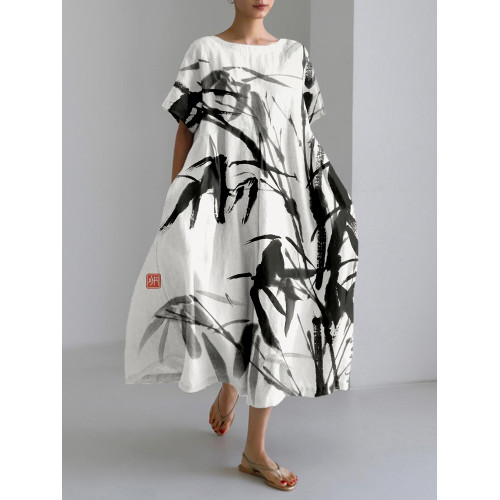 Bamboo Ink Painting Art Linen Blend Maxi Dress