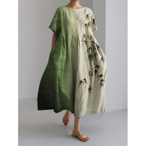 Bamboo Japanese Art Contrast Linen Blend Maxi Dress