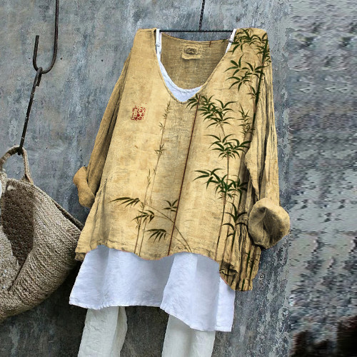 Bamboo Japanese Art Linen Blend Casual Shirt