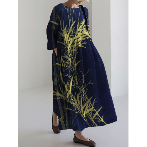 Bamboo Japanese Art Linen Blend Maxi Dress