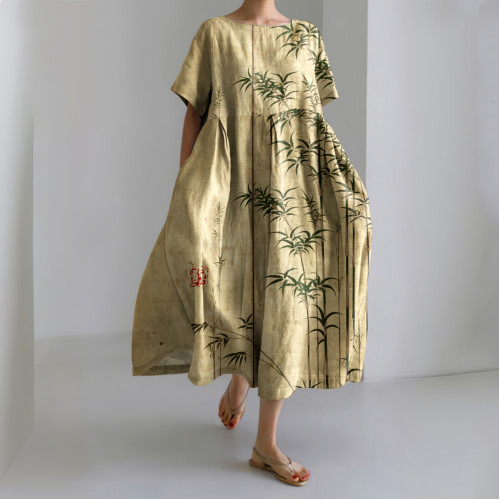 Bamboo Japanese Art Print Casual Loose Dress