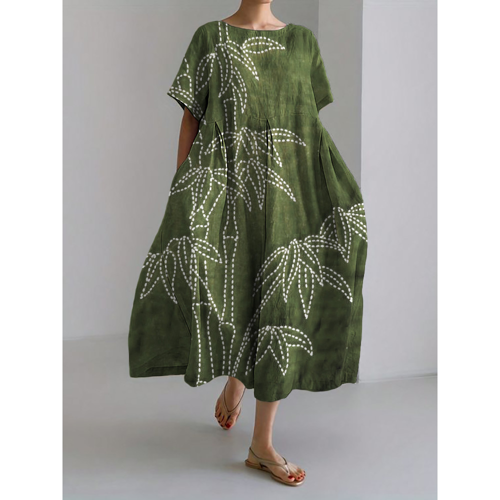 Bamboo Japanese Sashiko Art Linen Blend Maxi Dress