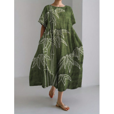 Bamboo Japanese Sashiko Art Linen Blend Maxi Dress