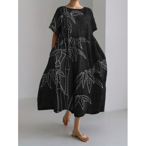 Bamboo Japanese Sashiko Art Linen Blend Maxi Dress
