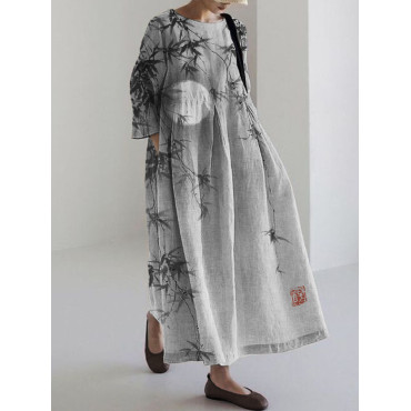 Bamboo Leaves Full Moon Japanese Watercolor Linen Blend Maxi Dress