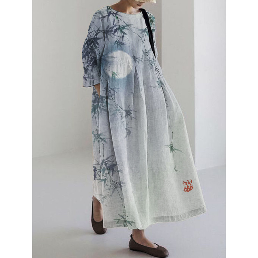 Bamboo Leaves Full Moon Japanese Watercolor Linen Blend Maxi Dress