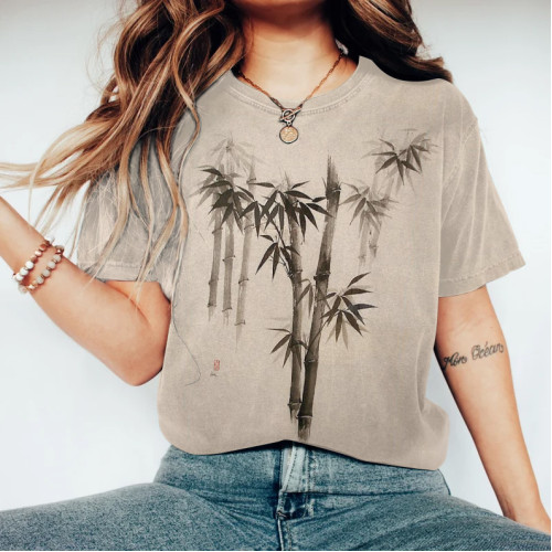 Bamboo Print Round Neck Short Sleeve T-Shirt